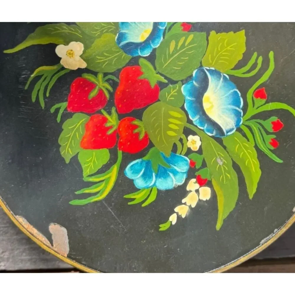 Vintage Hand Painted Floral Wooden Box Strawberries Toleware Folk Art Round 9.5